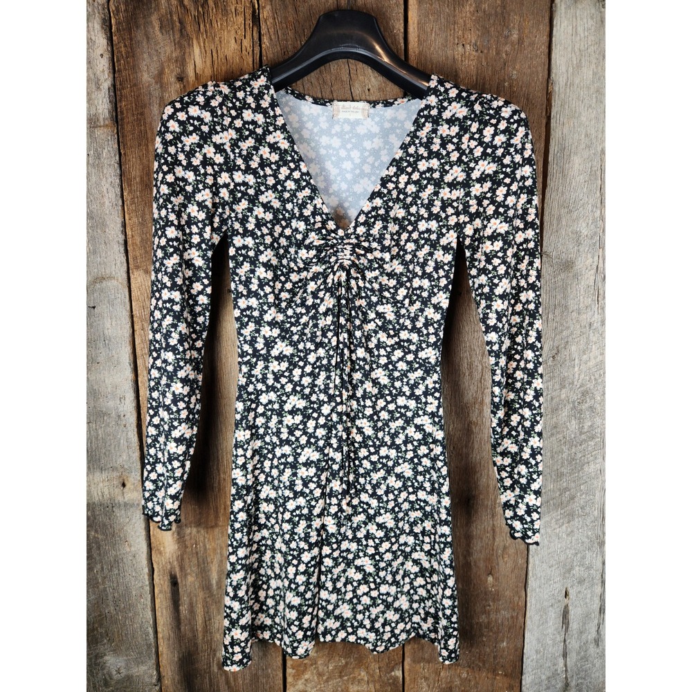 Altar'd State Womens Small‎ Black Dainty Floral Ruched V-Neck Long Sleeve Dress